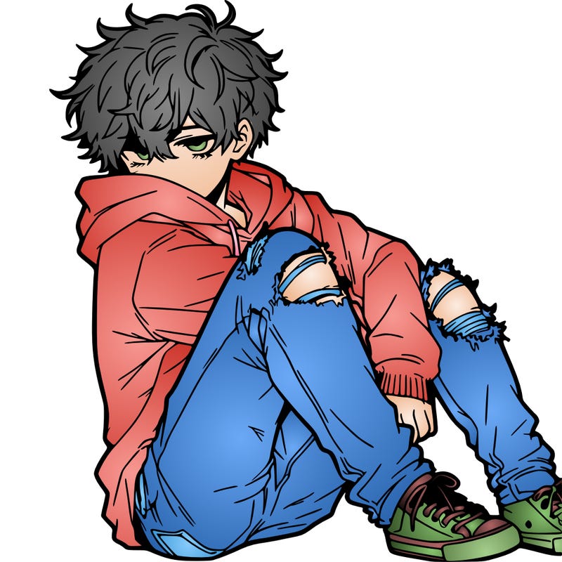 a male hoddie ripped jeans messy hair anime