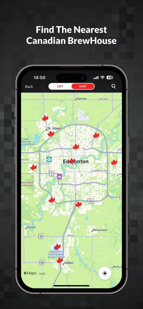 Mobile app screen showing a map with multiple Canadian Brewhouse locations marked by red maple leaf icons.
