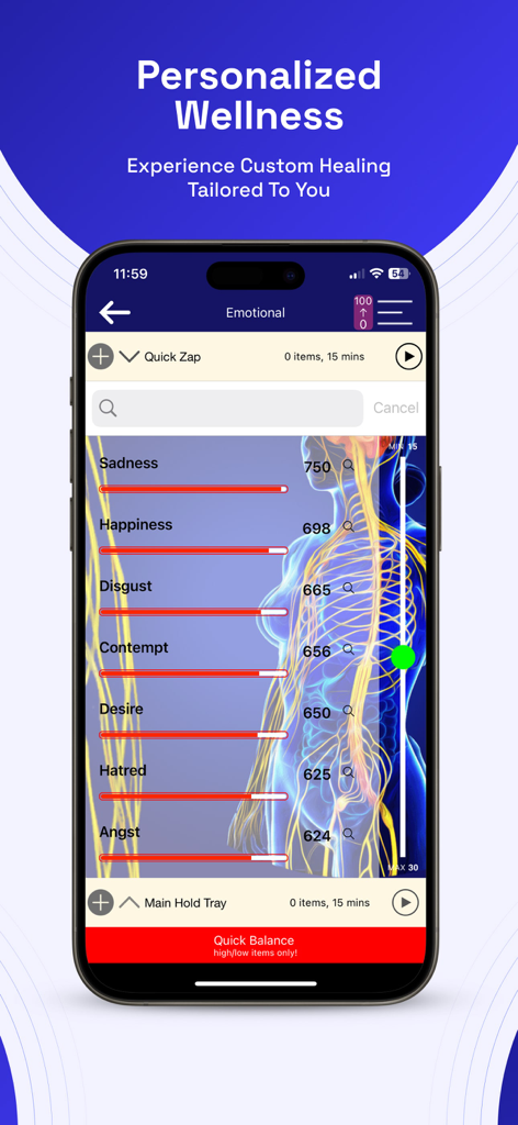 Genius Insight Biofeedback - Una pantalla de smartphone que muestra la aplicación Genius Insight con un informe de análisis emocional y un gráfico del sistema nervioso humano.