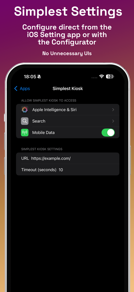 Screenshot of the Simplest Kiosk app configuration page within the iOS Settings menu showing URL and timeout fields