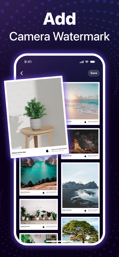 Magic Album-Storage Cleaner - Magic Album 앱이 ISO 및 렌즈 세부 정보가 포함된 카메라 메타데이터 워터마크가 있는 사진을 보여줌
