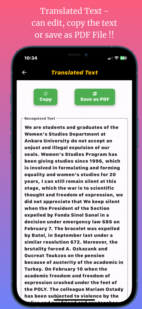 Interface showing translated text with buttons to copy and save as PDF
