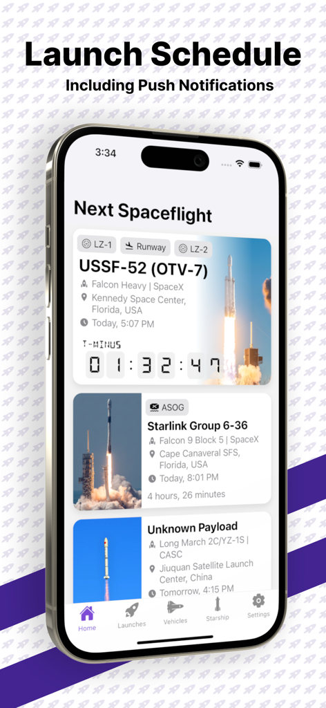 Next Spaceflight app interface showing upcoming rocket launches with real time countdowns