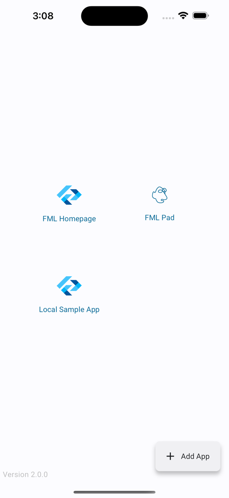 Framework Markup Language - El panel principal de la aplicación Framework Markup Language mostrando iconos para FML Homepage, FML Pad y Local Sample App con un botón Añadir App.