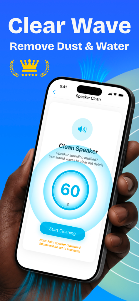 WaveGuard: Sound Clean - WaveGuard app screen displaying the 60 second process to remove water and dust from phone speakers