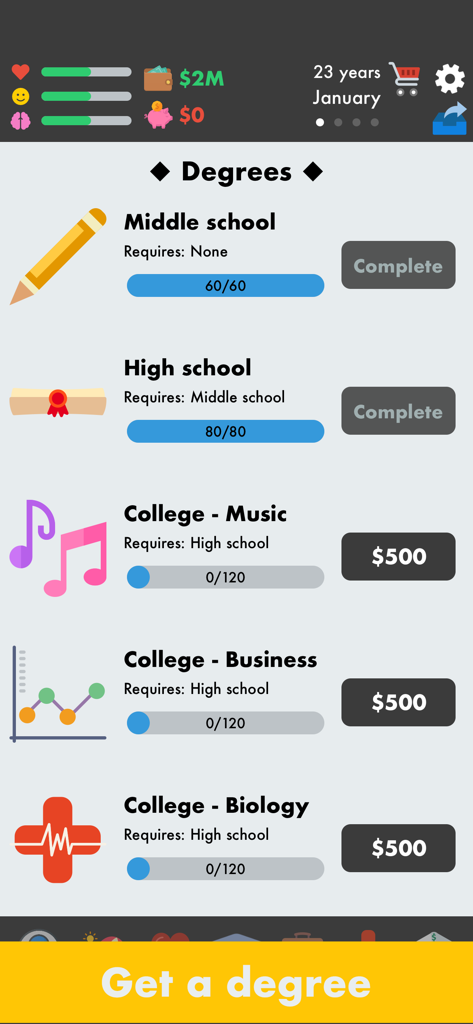 Pantalla del juego El Simulador de Vida que muestra opciones de títulos educativos como Escuela Secundaria y Negocios Universitarios.