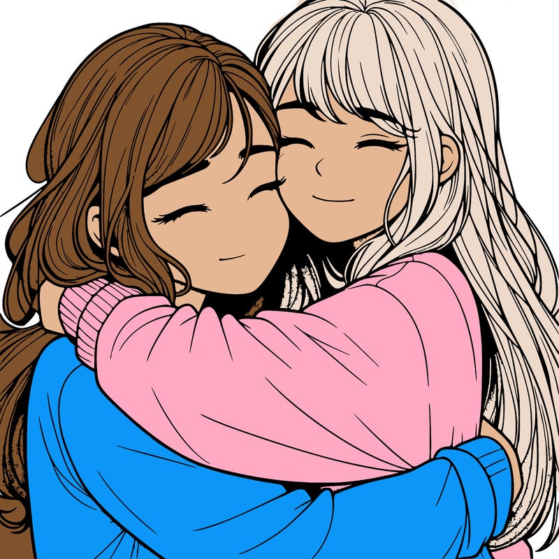 realistic two girls hugging