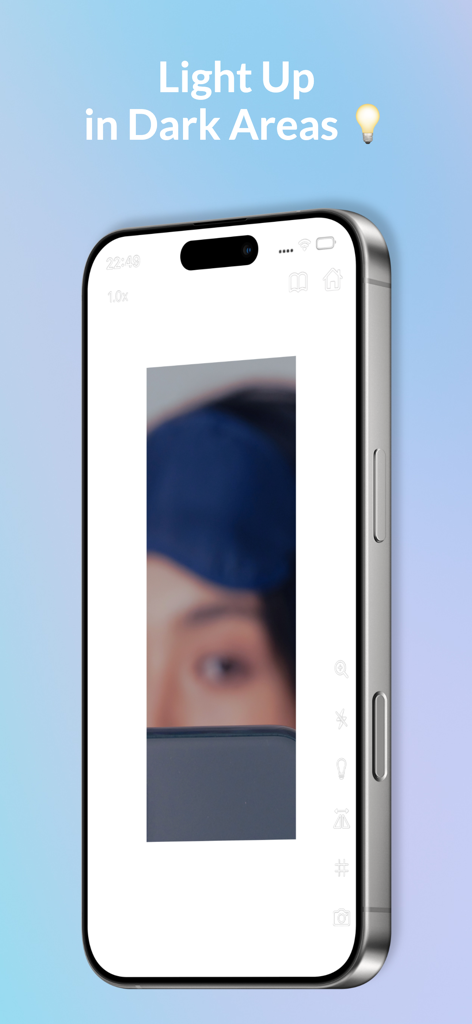 Pocket Mirror: HD Light & Zoom - iPhone-Bildschirm präsentiert die Funktion „Bereiche aufhellen“ der Pocket Mirror App.