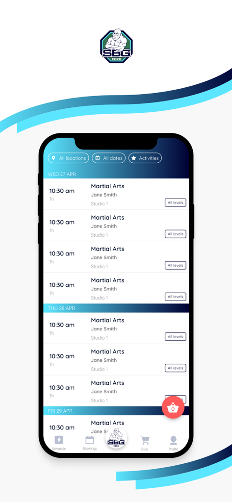 SBG Cork - Interfaz de la aplicación móvil SBG Cork mostrando una lista de clases de artes marciales y horario de entrenamiento.
