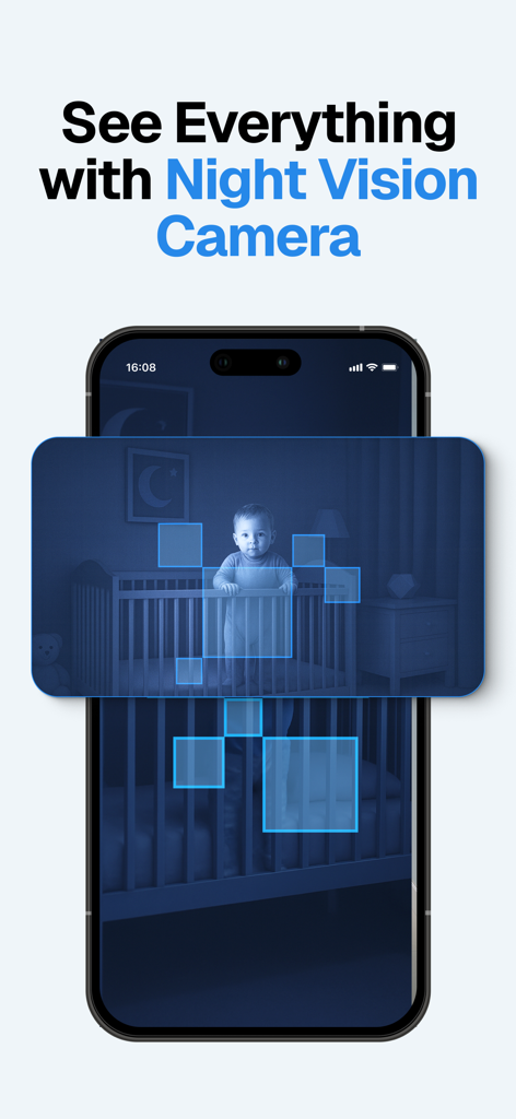 Home Security Camera - Visory - Un smartphone affichant un bébé dans un berceau via une interface de caméra de vision nocturne à teinte bleue