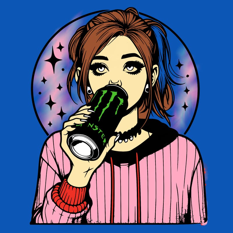 realistic girl drinking monster energy drink