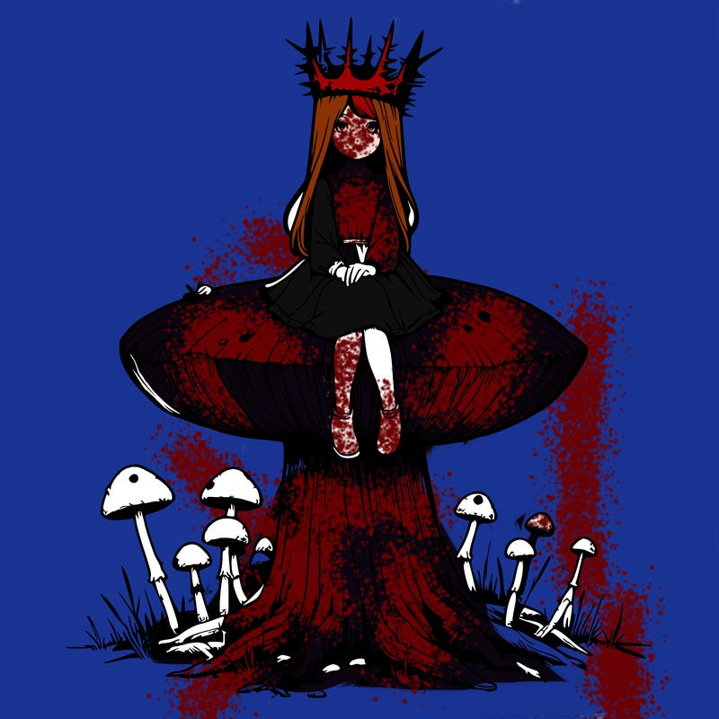 realistic girl sitting on a huge tree stump size toadstool with thorn crown