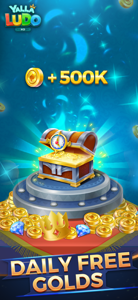 Promotional screen for Yalla Ludo HD showing daily free gold rewards and a treasure chest filled with coins and diamonds