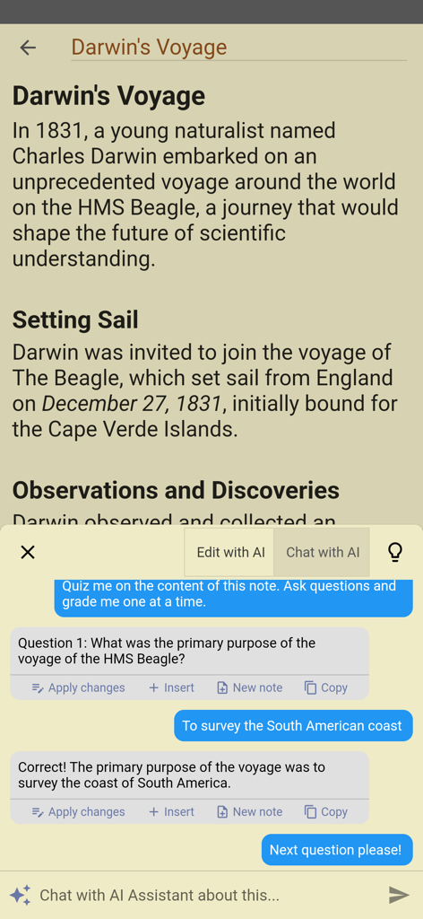 Une interface mobile pour Inkpad Notepad montrant un assistant IA interrogeant un utilisateur sur ses notes concernant le voyage de Darwin