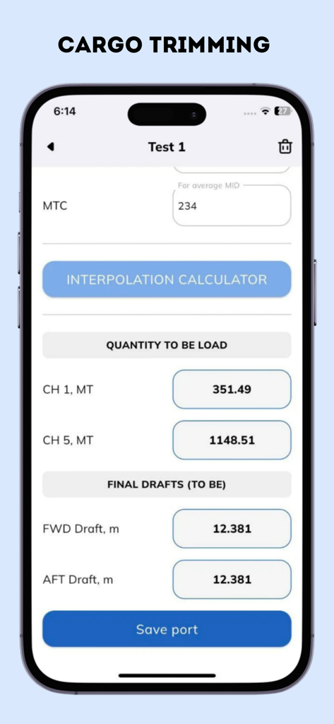 Bridge Calc: Draft & Ballast - A screenshot of the Cargo Trimming calculator interface in the Bridge Calc app showing calculations for cargo quantity and final drafts.