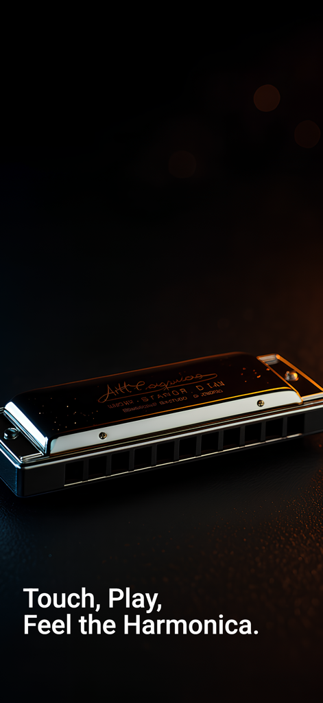 Harmonica Sim - A realistic close up of a harmonica with text that says Touch Play Feel the Harmonica