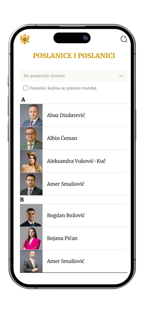 Skupština CG - Screen showing a list of Montenegrin Members of Parliament with their names and profile pictures in the Skupština CG app