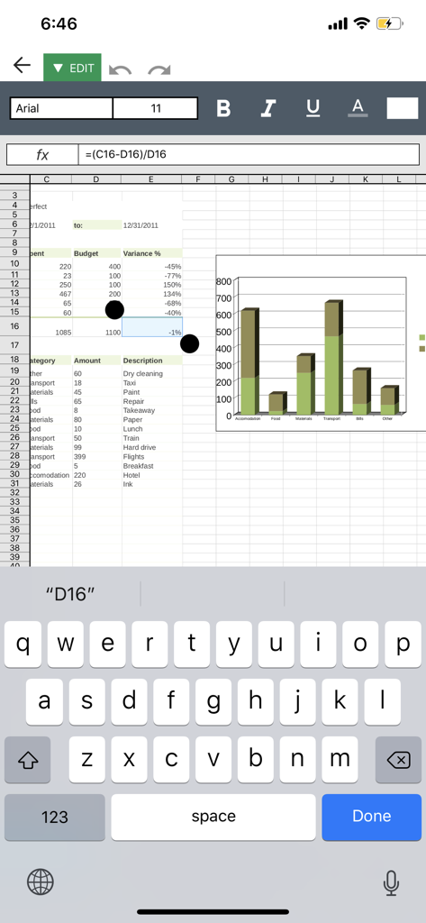 BlackBerry Edit mobile app interface for secure spreadsheet editing with data charts and formula bar