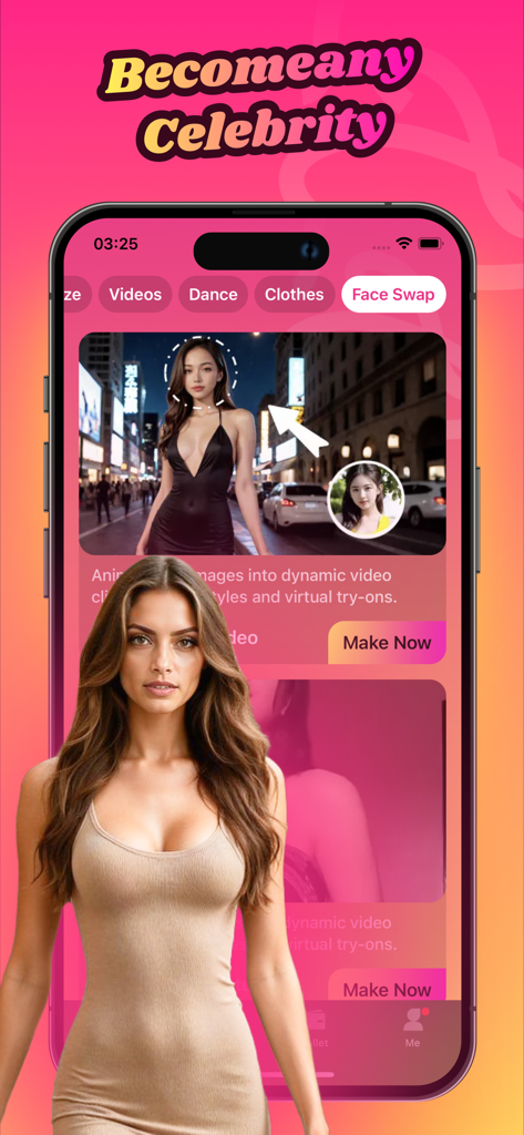 HoloMet app interface demonstrating the AI face swap feature to transform into a celebrity