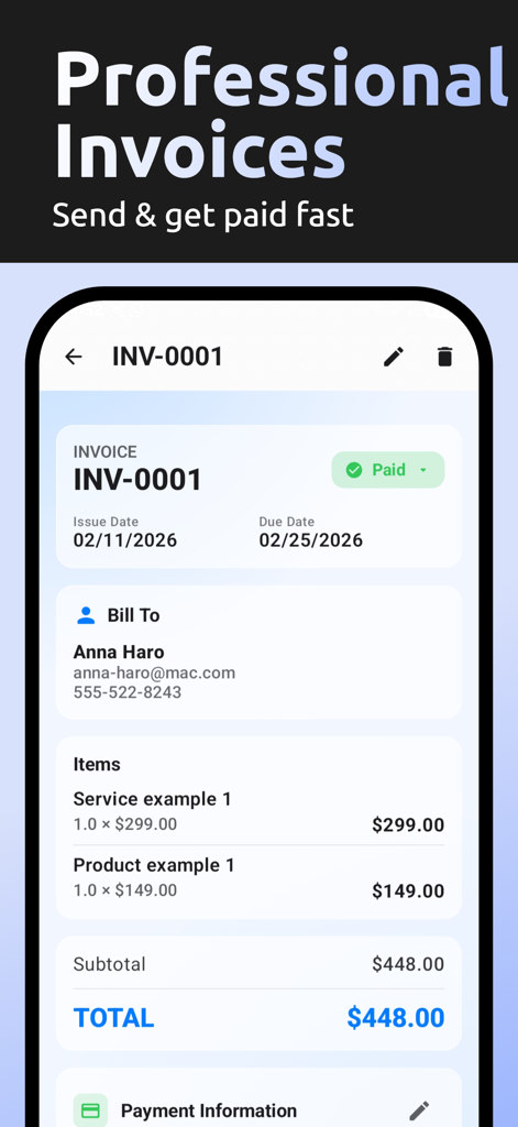 AI Invoice & Estimate Maker - A professional digital invoice on a mobile screen showing billing items and a paid status badge.