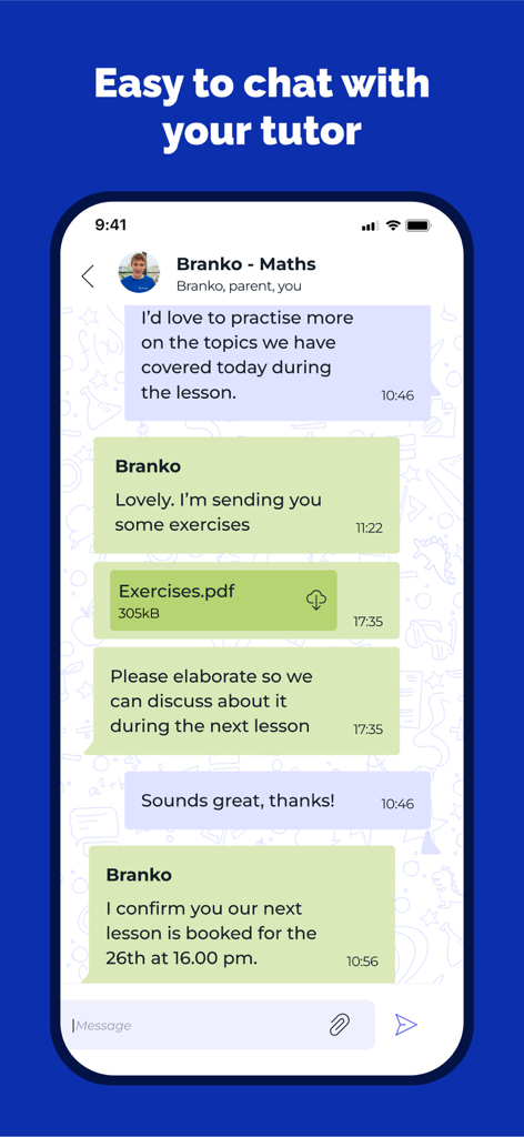 Una pantalla de smartphone que muestra la interfaz de chat de la app GoStudent con un tutor de matemáticas llamado Branko mostrando el historial de mensajes y un archivo PDF compartido.