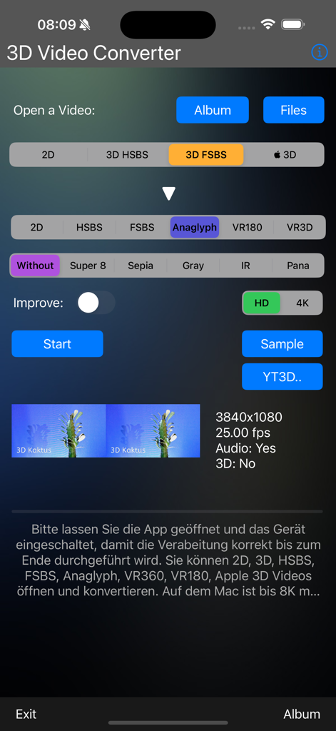 3D Video-Converter - User interface of the 3D Video Converter app with spatial video and filter settings