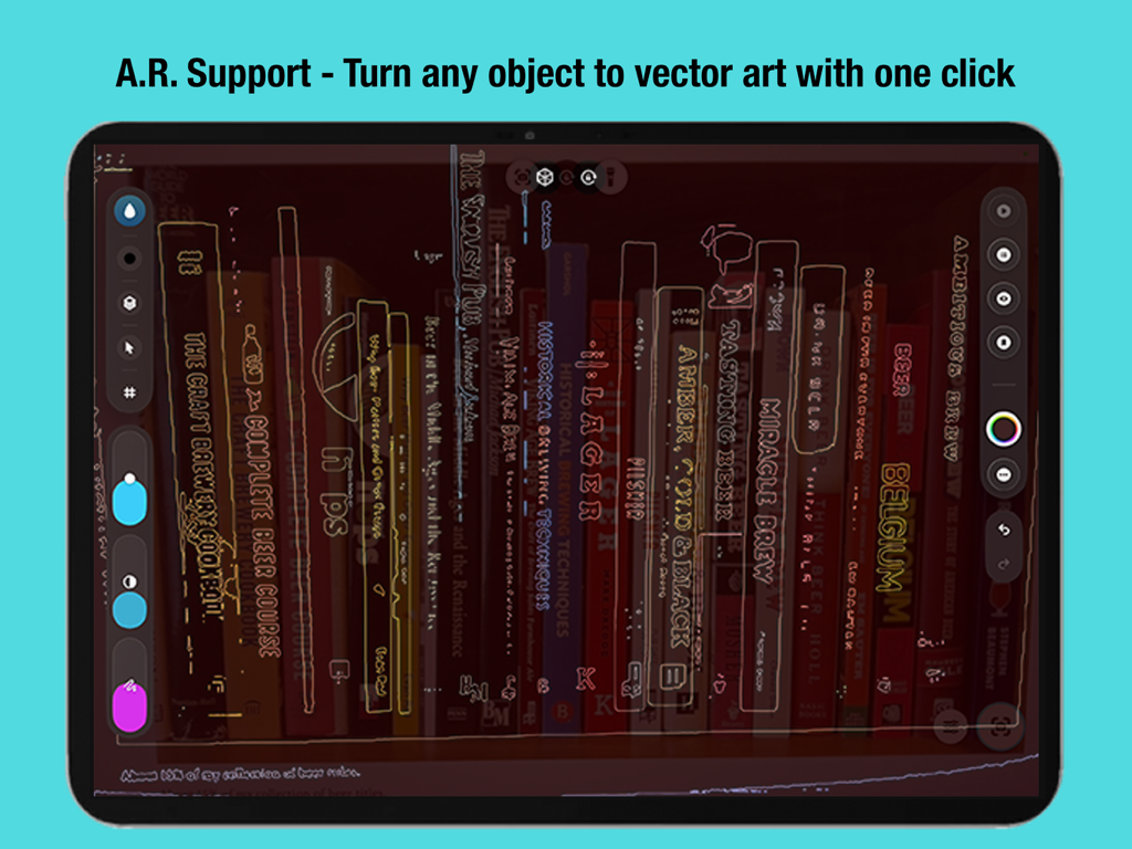 Aplicación VOID en iPad mostrando soporte AR convirtiendo una estantería en arte vectorial con un solo clic.