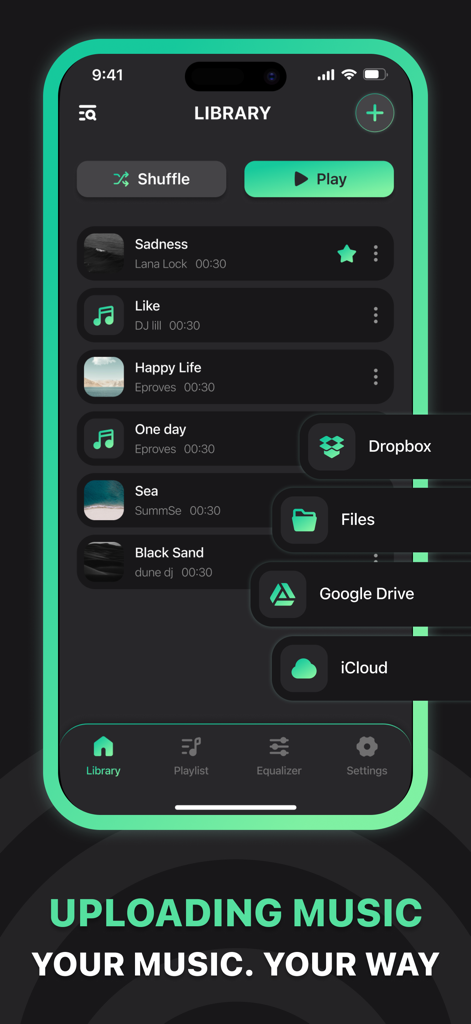 Music Equalizer: Bass Booster! - Interfaz de la aplicación Ecualizador de Música mostrando opciones para subir música desde Dropbox Files Google Drive e iCloud