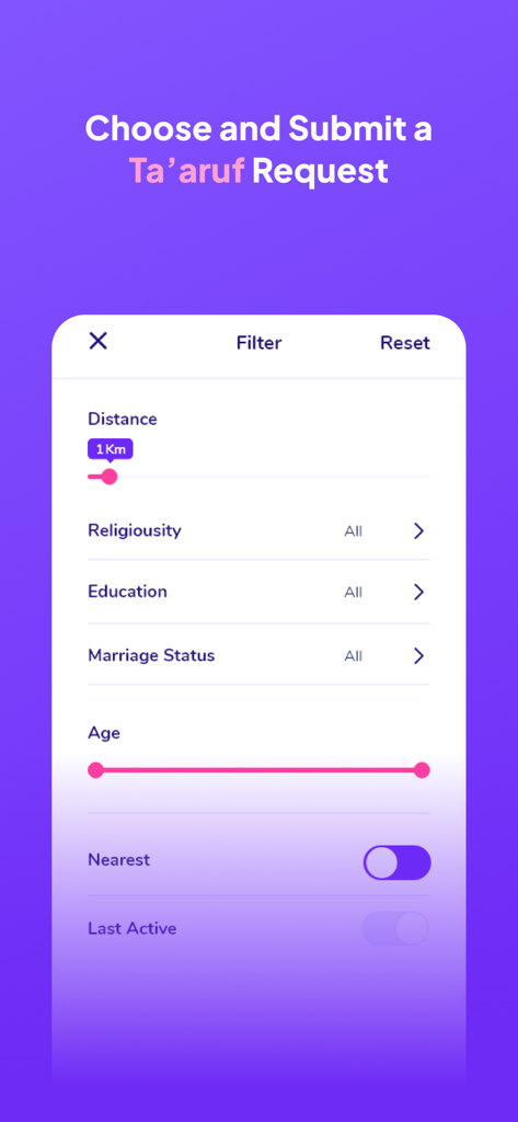Search filters in the Hijra Taaruf app showing options for distance religiosity education and marriage status