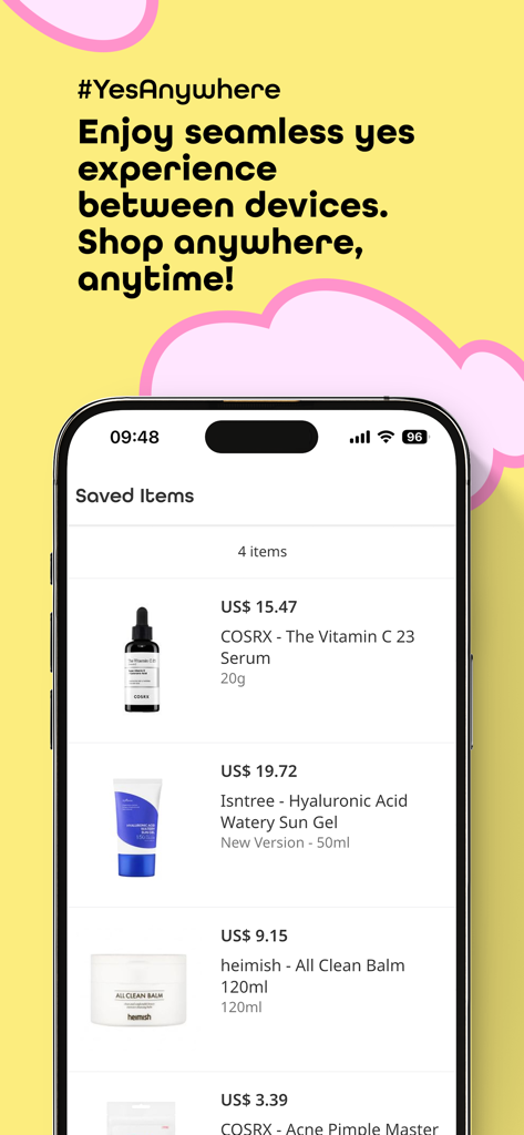 YesStyle - Beauty & Fashion - YesStyle app screen showing a list of saved Korean skincare products like serums and sunscreens