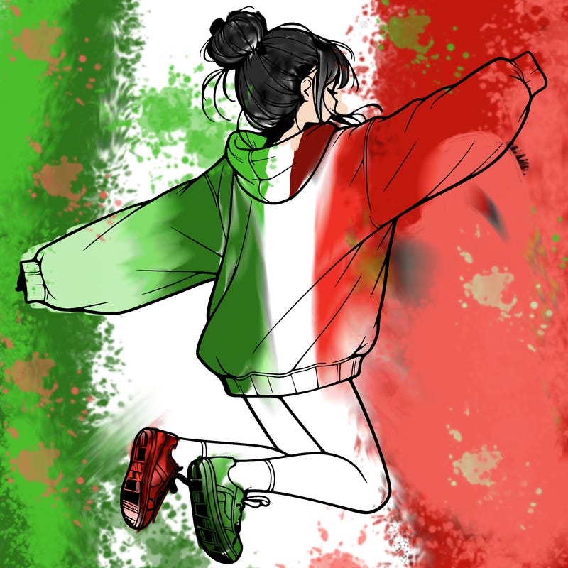 realistic girl jumping with a bun and oversized sweatshirt