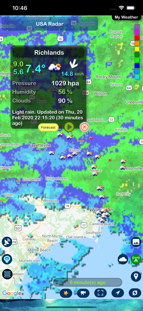 My Weather - Exibição do aplicativo My Weather de um mapa de radar de chuva dos EUA com dados de temperatura e pressão
