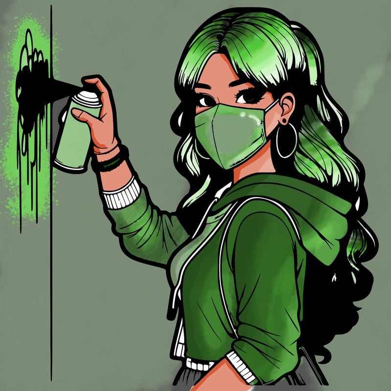 realistic girl with mask spray painting a wall