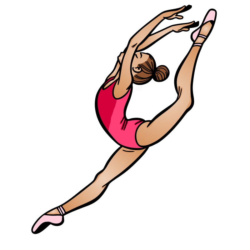 gymnast doing a leap in a leotard with a bent back leg