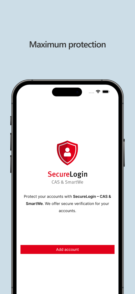 Pantalla de la aplicación SecureLogin CAS y SmartWe que muestra el encabezado de máxima protección y el botón de agregar cuenta