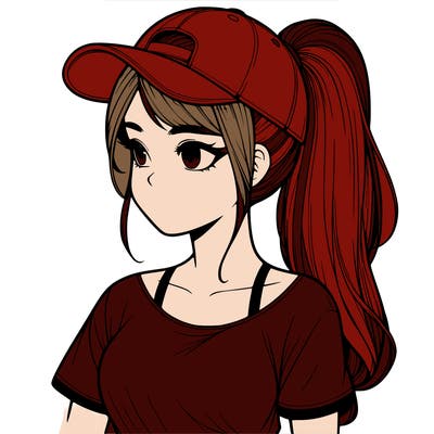 realistic looking girl with her hair in a really long ponytail and a base ball cap, t-shirt