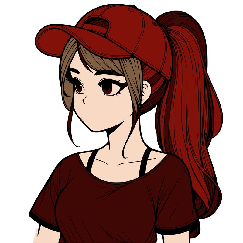 realistic looking girl with her hair in a really long ponytail and a base ball cap, t-shirt