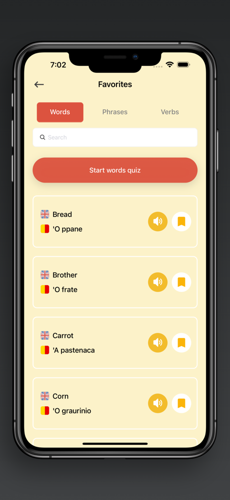 A screenshot of the Favorites screen in the Learn Neapolitan app showing saved words with their English and Neapolitan translations.