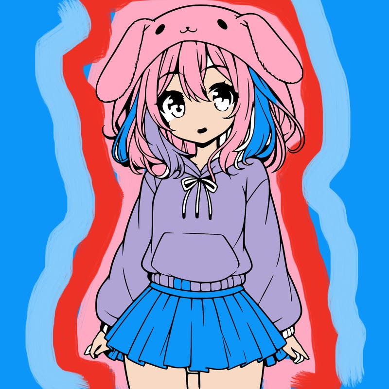 pretty anime girl wearing a fluffy hoodie with bunny ears on the hood and a skirt