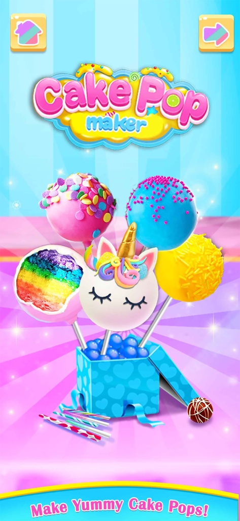 Cake Games: Cupcake Food Games - A collection of colorful decorated cake pops featuring unicorn and rainbow designs in a blue gift box