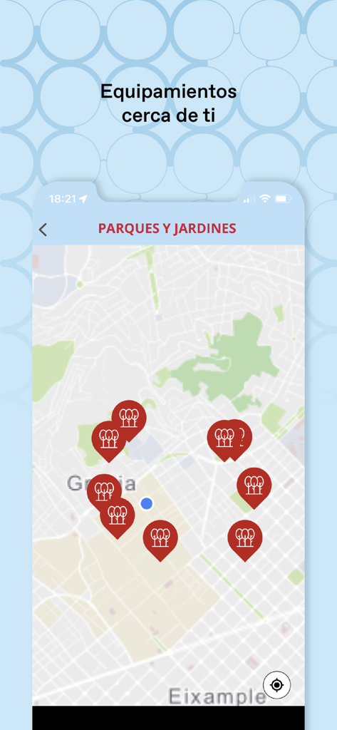 BCN+65 - 빨간색 마커가 있는 바르셀로나의 근처 공원 및 정원을 표시하는 BCN+65 앱 내 지도 인터페이스.