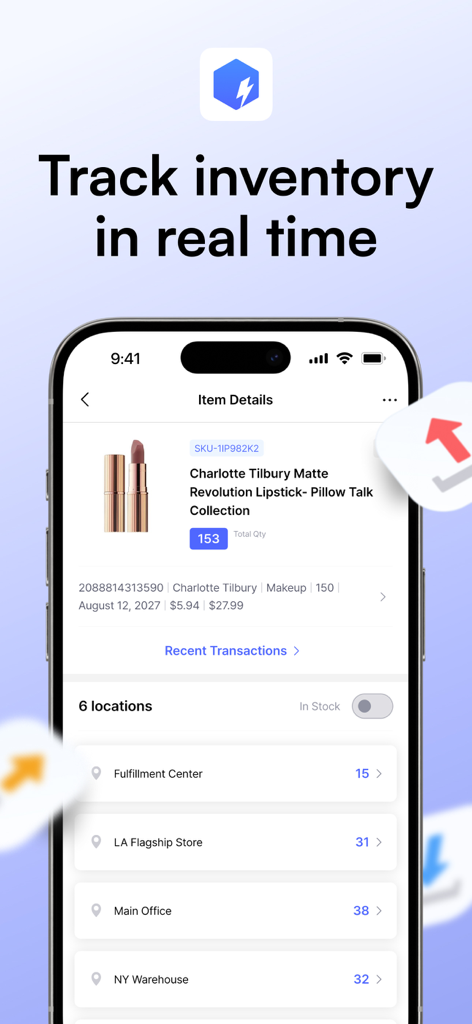 BoxHero mobile app interface displaying real time inventory levels and item details across different store locations
