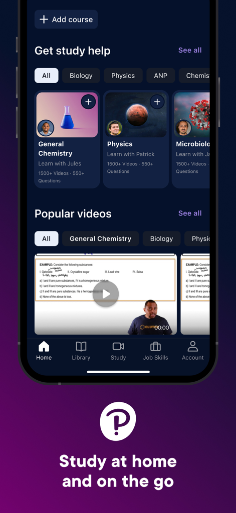 Pearson plus mobile App Dashboard mit Chemie- und Physik-Videounterstützung