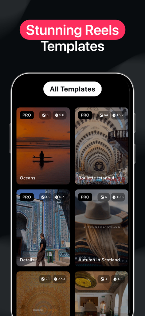 Reelsy Reel Maker IG Templates - Reelsy app interface showing various professional video templates for Instagram Reels