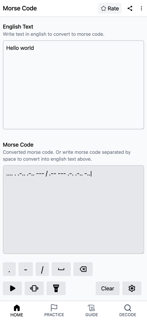 モバイルアプリの画面に、英語のテキスト「Hello world」がモールス信号の記号に変換され、翻訳と再生コントロールが表示されています。