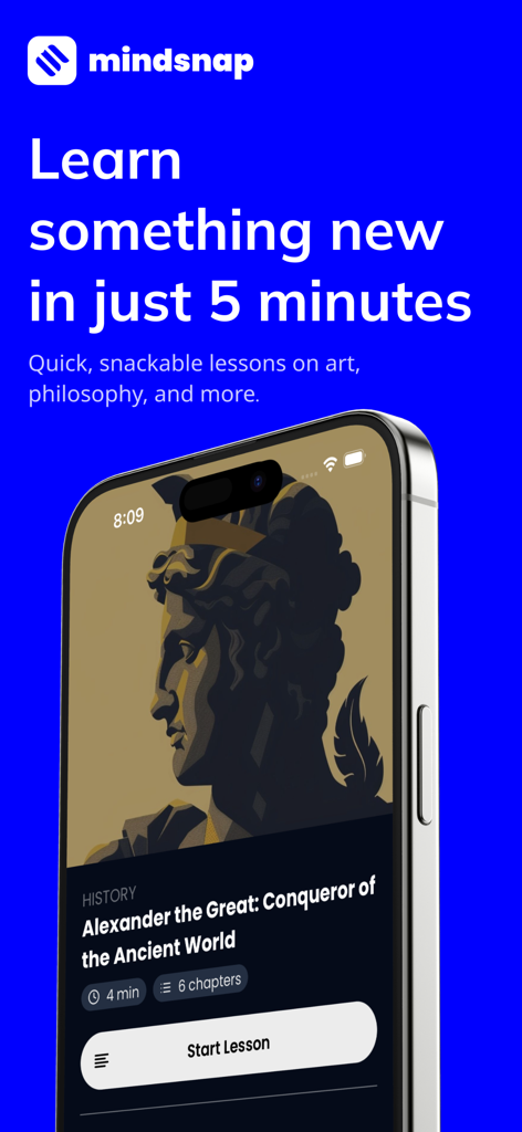Mindsnap: Daily Micro Learning - Mindsnap app interface showing a 5 minute history lesson about Alexander the Great