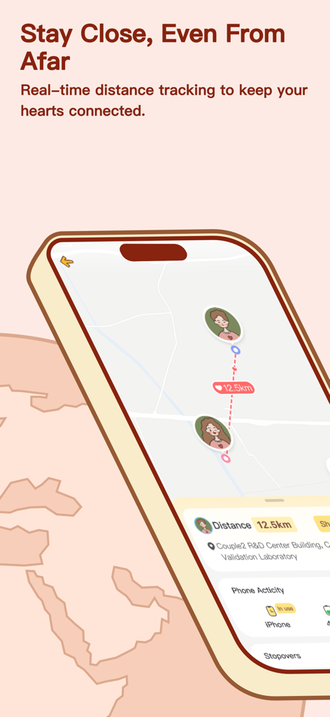 Una interfaz de mapa que muestra el rastreo de distancia en tiempo real entre una pareja con avatares personalizados