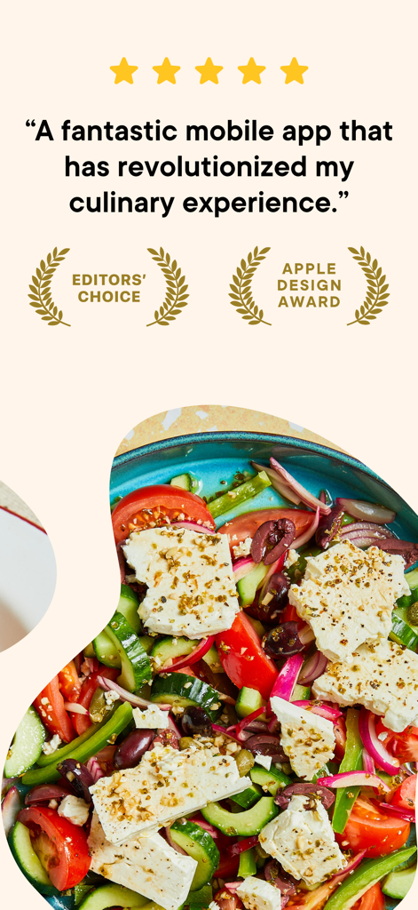 Kitchen Stories Easy Recipes - Kitchen Stories app interface showing Editors Choice and Apple Design Award badges with a fresh feta salad