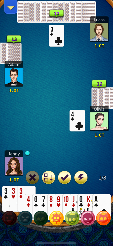 Jeu de Big 2 Pusoy Dos montrant quatre joueurs et une main de cartes