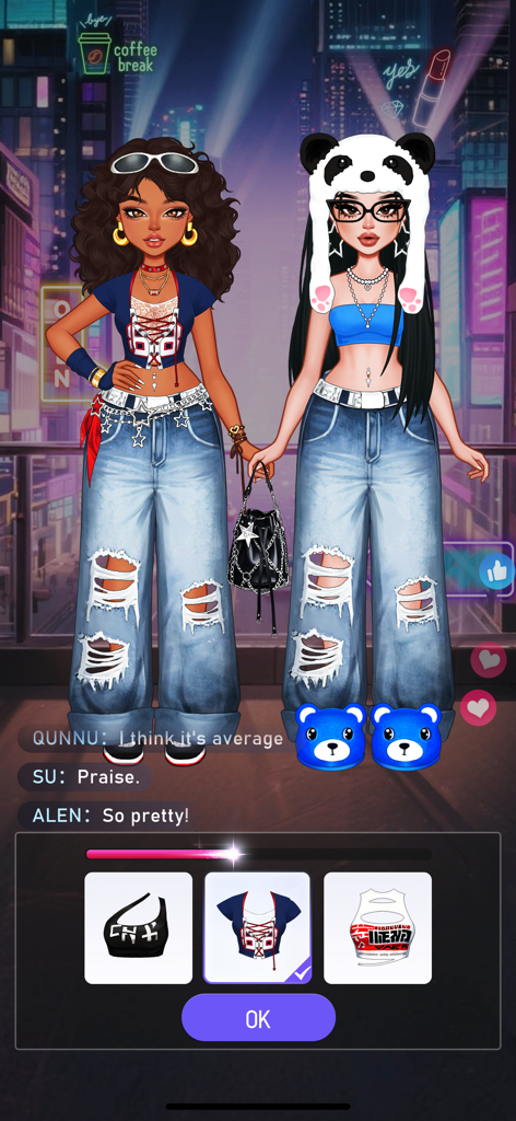 YoYa Sparkle: Style Pop - Dos avatares a la moda con jeans rotos y crop tops en una azotea de neón en el juego de moda YoYa Sparkle.